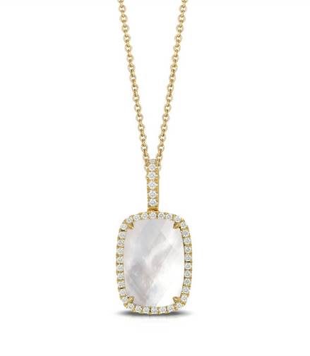 White Orchid Mother of Pearl and Diamond Elongated Pendant Necklace
