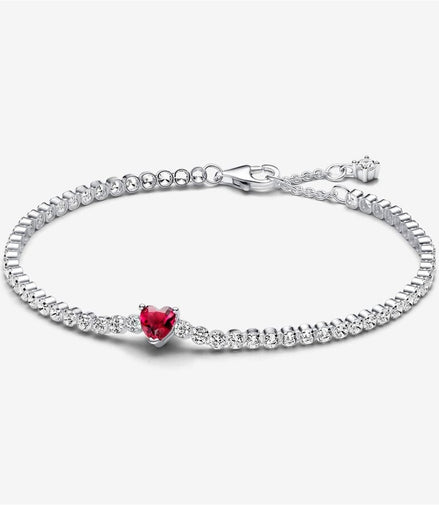 Pandora Timeless Red Sparkling Heart Tennis Bracelet Size 18