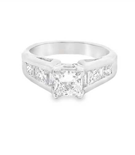 18K White Gold 1.30 CTW Diamond Princess Cut And Baguette Engagement Ring