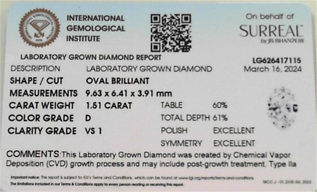 1.51Ct Oval Lab Grown Diamond