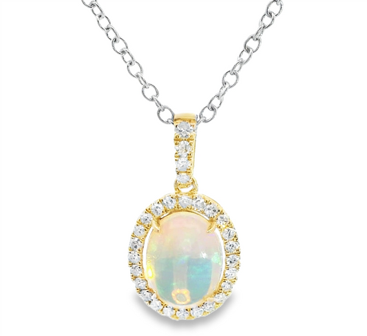 14K Gold Two-Tone Opal and Diamond Pendant Necklace