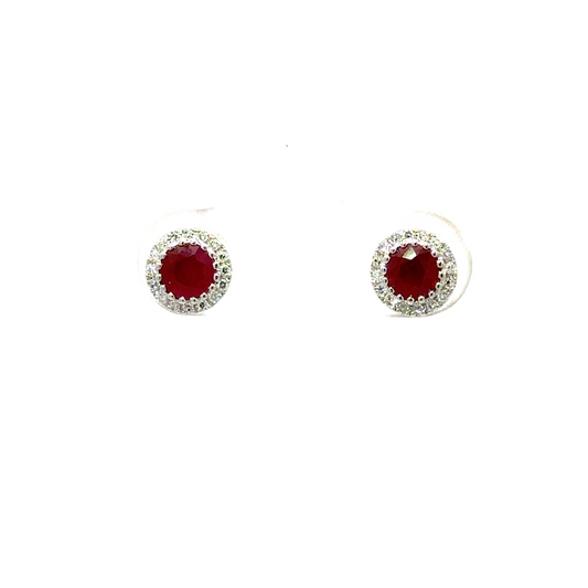 14K White Gold Diamond And Ruby Halo Earrings