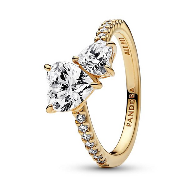 Pandora Timeless Gold Plated Double Heart Sparkling Ring  Size 6