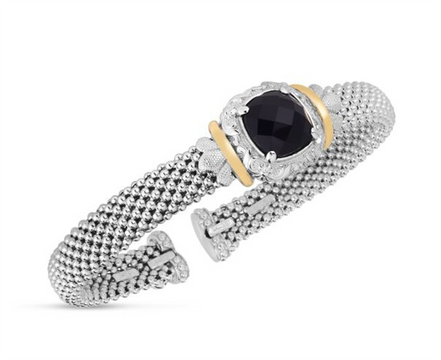 Sterling Silver And 18K Yellow Gold 8MM Cushion Onyx Popcorn Bangle Bracelet