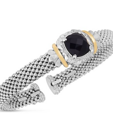 Sterling Silver And 18K Yellow Gold 8MM Cushion Onyx Popcorn Bangle Bracelet