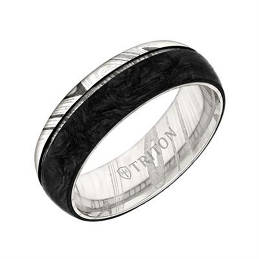 Triton Damascus Steel and Forged Carbon Flat Edge Contemporary Wedding Band