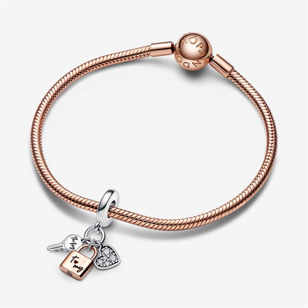 Pandora Moments Two-Tone Key, Padlock & Heart Triple Dangle Charm