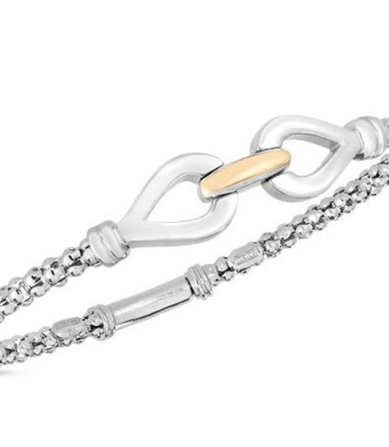 Sterling Silver And 18K Yellow Gold 3MM Popcorn Double Hook Infinity Bangle Bracelet 7.25"