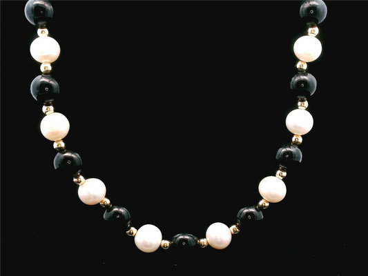 14K Yellow Gold Black Jade And Freshwater Pearl Necklace