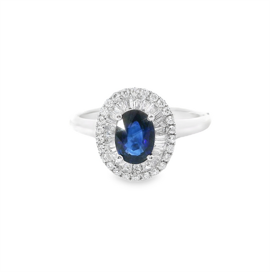 14K White Gold, Diamond And Sapphire Oval Shaped Fashion Ring