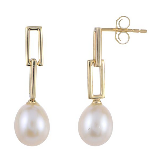 14K Yellow Gold Freshwater Pearl Paperclip Dangle Drop Earrings