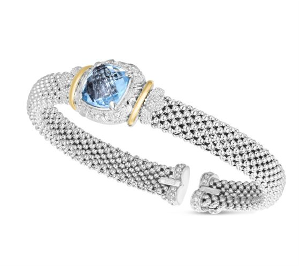 Sterling Silver And 18K Yellow Gold 8MM Cushion Blue Topaz Cuff Bangle Bracelet