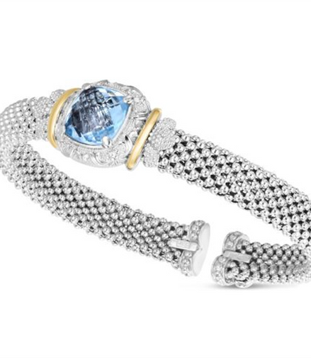 Sterling Silver And 18K Yellow Gold 8MM Cushion Blue Topaz Cuff Bangle Bracelet