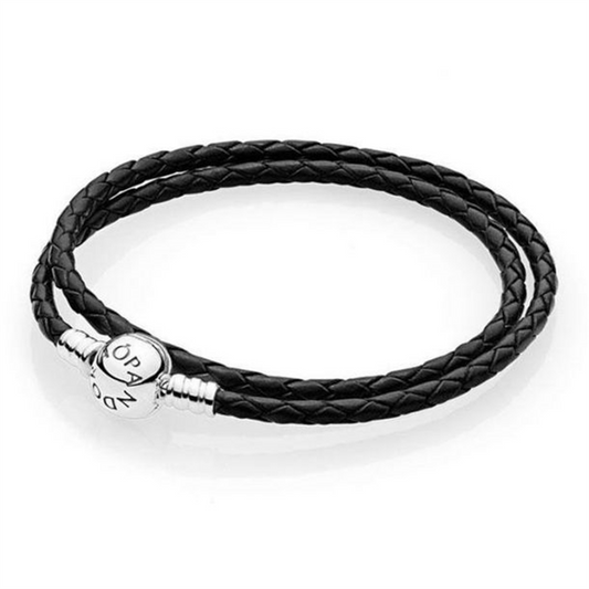 Pandora Moments Black Braided Double-Leather Charm Bracelet Size D2