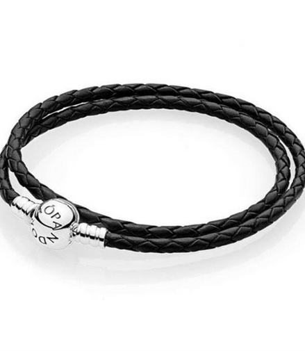Pandora Moments Black Braided Double-Leather Charm Bracelet Size D2