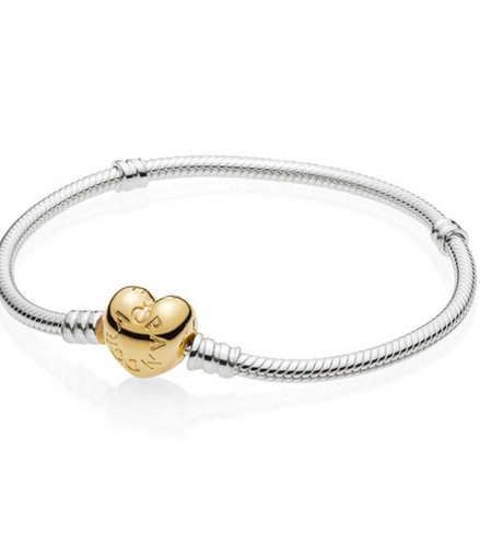 Pandora Moments Gold-Plated Heart Clasp Sterling Silver Snake Chain Bracelet Size 18