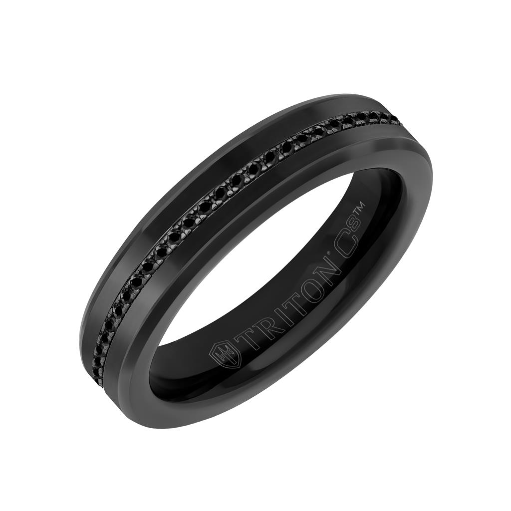 Triton 5mm Black Tungsten Carbide Ring with Eternity Black Sapphires and Broken Edge