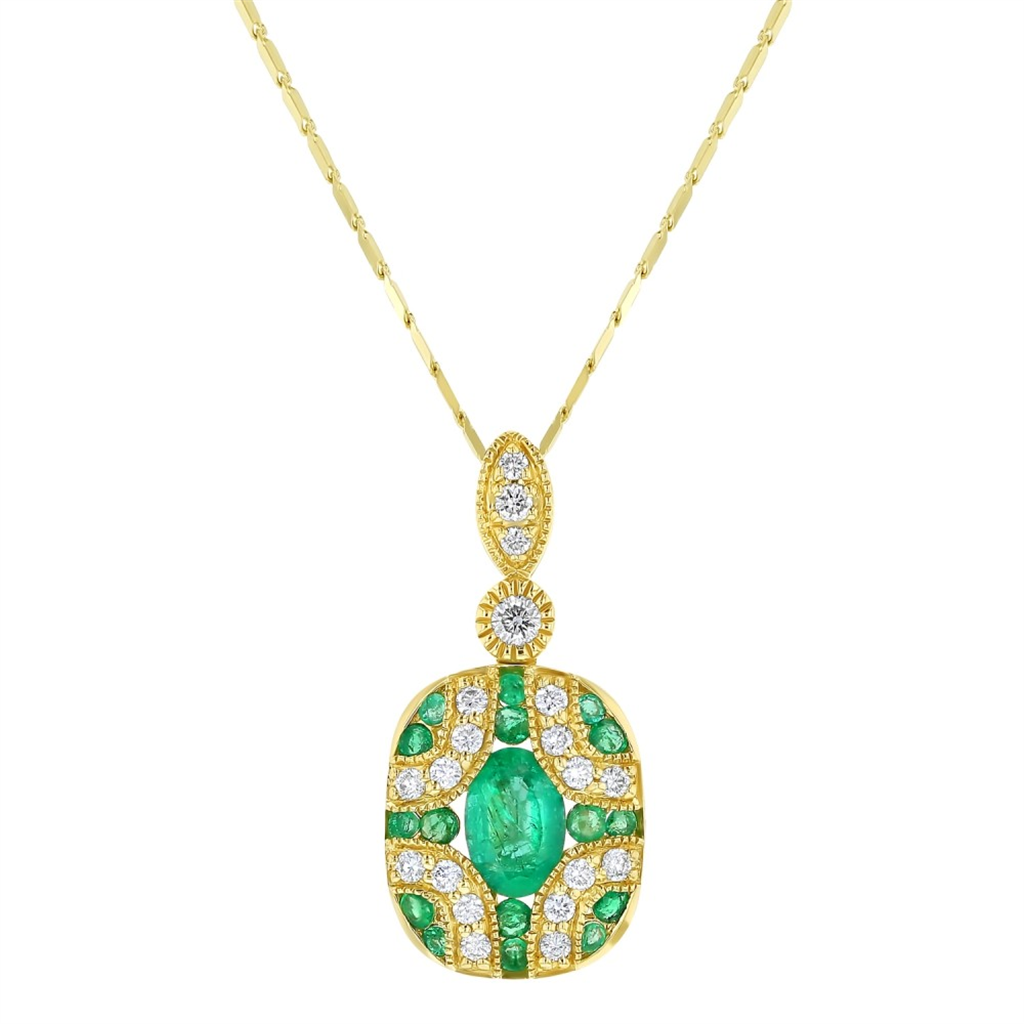 Oro Alexander 14K Yellow Gold Diamond And Emerald Art Deco Necklace