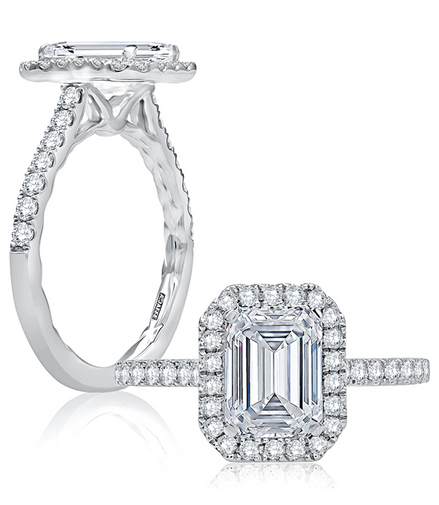 A.JAFFE Emerald Cut Diamond Halo Engagement Ring with Quilted Interior