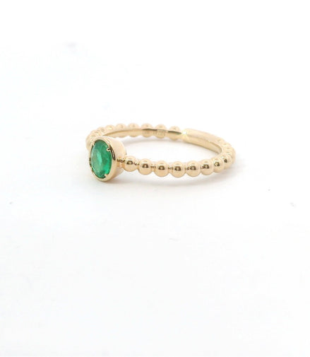 14K Yellow Gold And 0.35 Ct Oval Shaped Emerald Beaded Stackable Fashion Ring