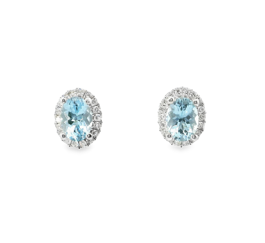 Ladies 14K White Gold Aquamarine And Diamond Oval Earrings