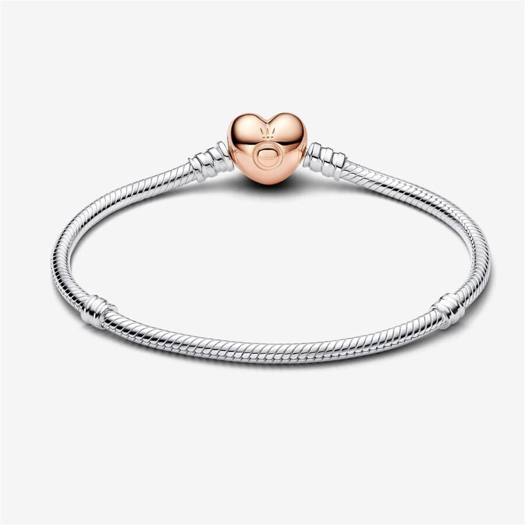 Pandora Monments Rose Heart Clasp Snake Chain Bracelet Size 23