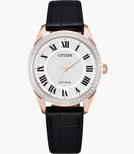 Ladies' Citizen Eco-Drive Arezzo Diamond Black Leather Strap Watch