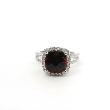 14K White Gold Diamond & Garnet Cushion Cut Fashion Ring