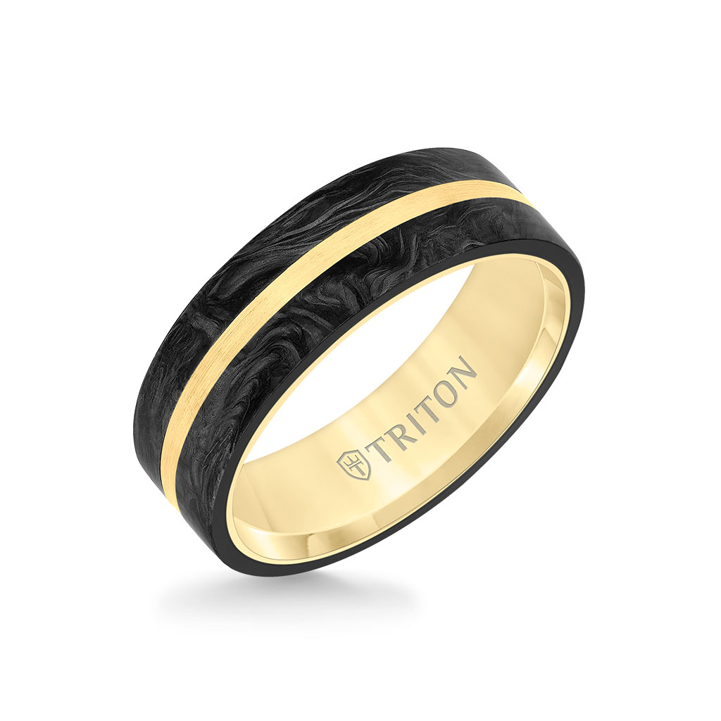 Triton Flat Edge Forged Carbon Contemporary Wedding Band With 14Ky