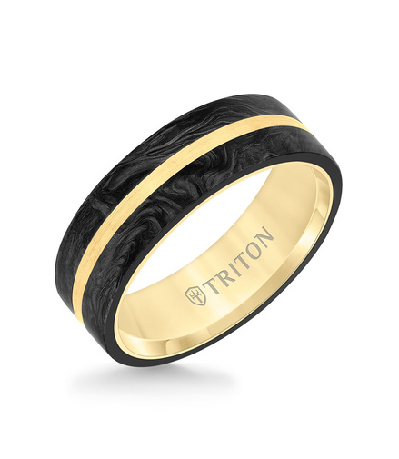 Triton 14K Yellow Gold Flat Edge Forged Carbon Contemporary Wedding Band