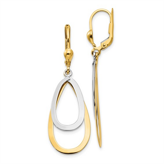 14K Two Tone Oval Leverback Tear Drop Earrings