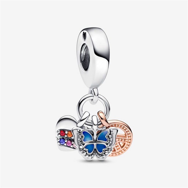 Pandora Moments Two-Tone Rainbow Heart, Butterfly & Peace Triple Dangle Charm