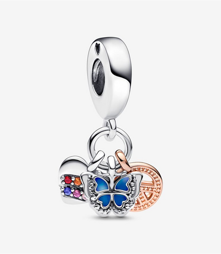 Pandora Moments Two-Tone Rainbow Heart, Butterfly & Peace Triple Dangle Charm