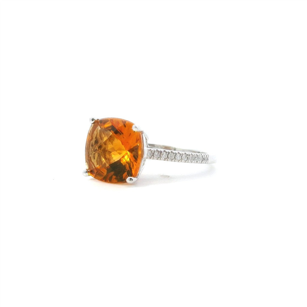 14K White Gold Diamond And Citrine Cushion Cut Fashion Ring