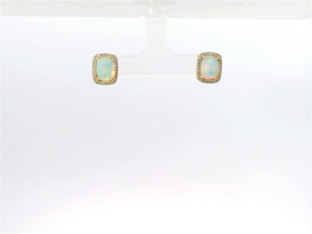 14K Yellow Gold Opal and Diamond Emerald Shaped Earrings
