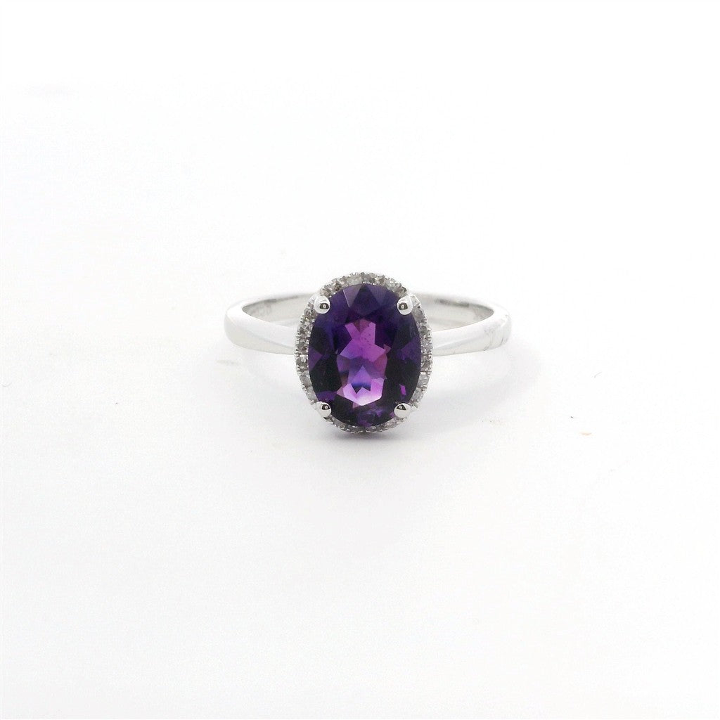 14K White Gold Diamond & Amethyst Oval Shaped Fashion Ring