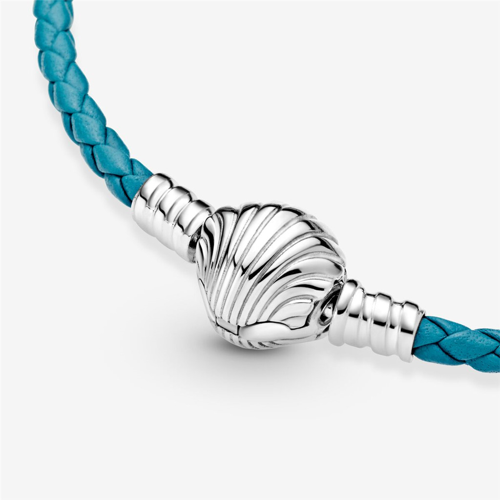 Pandora Moments Seashell Clasp Turquoise Braided Leather Bracelet Size 3