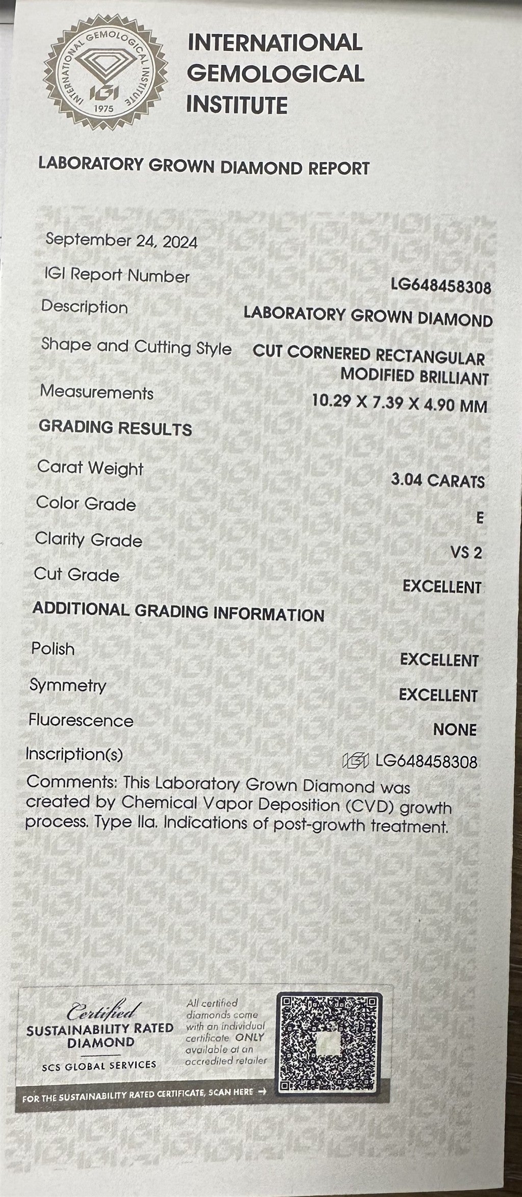 3.04 ctw Radiant Cut Lab Grown Diamond