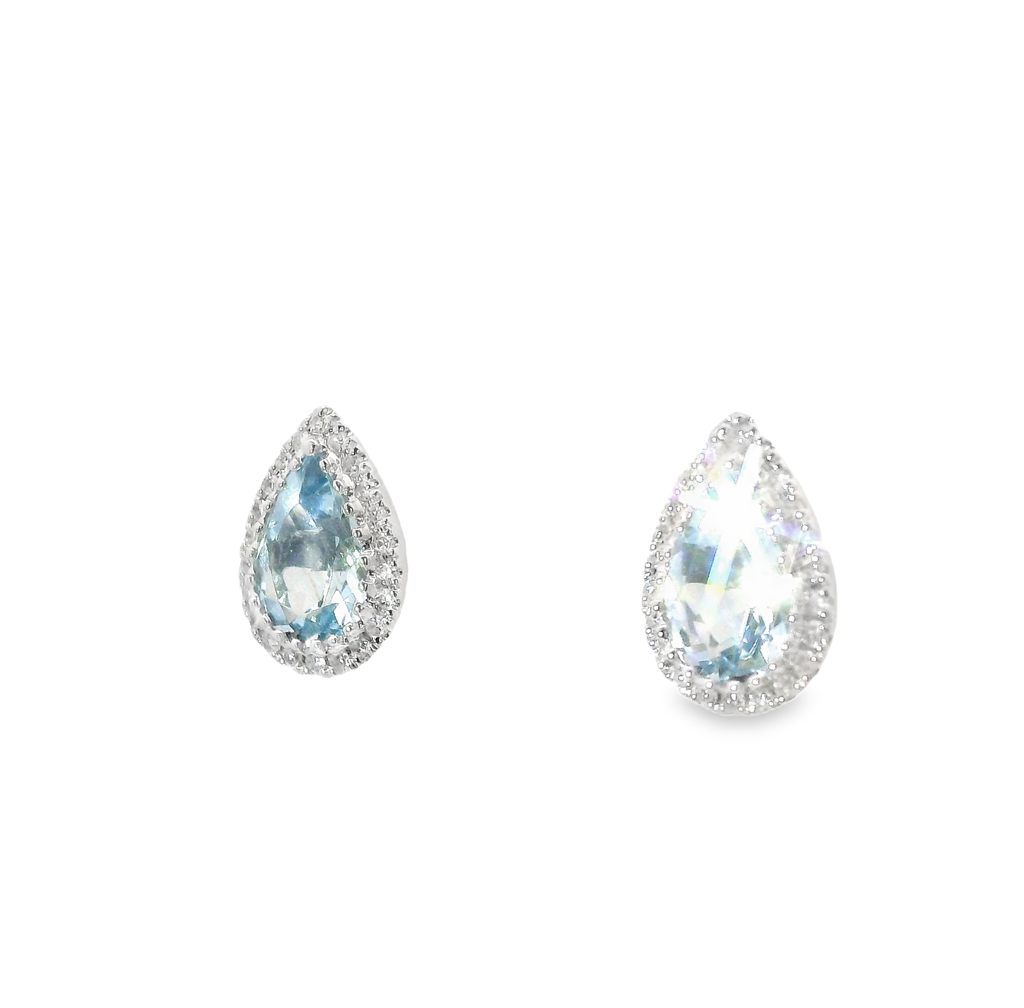 14K White Gold Diamond And Aquamarine Pear Shaped Halo Earrings