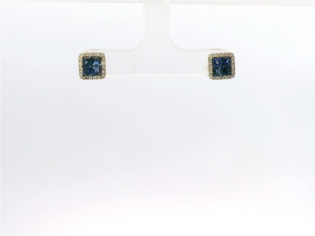 14K White Gold Sapphire And Diamond Square Halo Stud Earrings