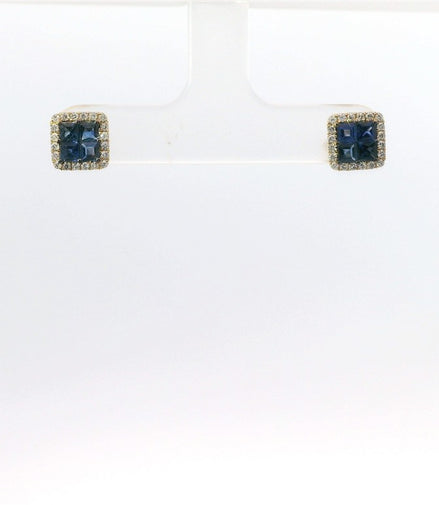 14K White Gold Sapphire And Diamond Square Halo Stud Earrings