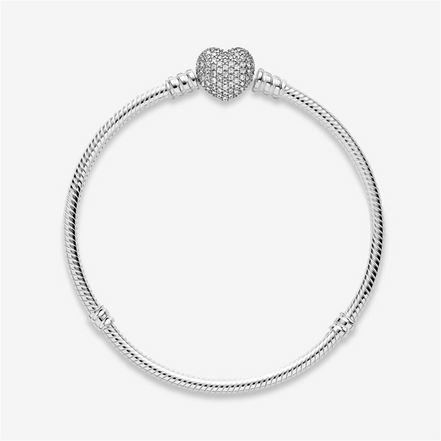 Pandora Moments Sparkling Pave' Heart Clasp Snake Chain Bracelet Size 17