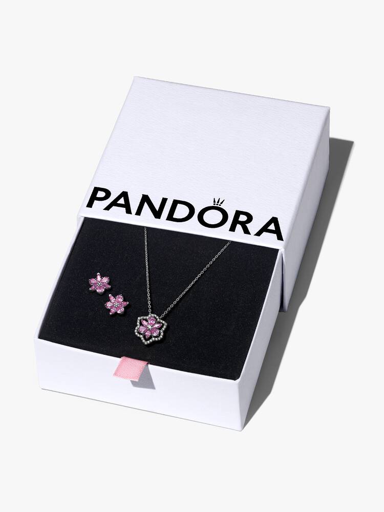 Pandora Timeless Silver Hebarium Sparkling Pink Flower Jewelry Gift Set