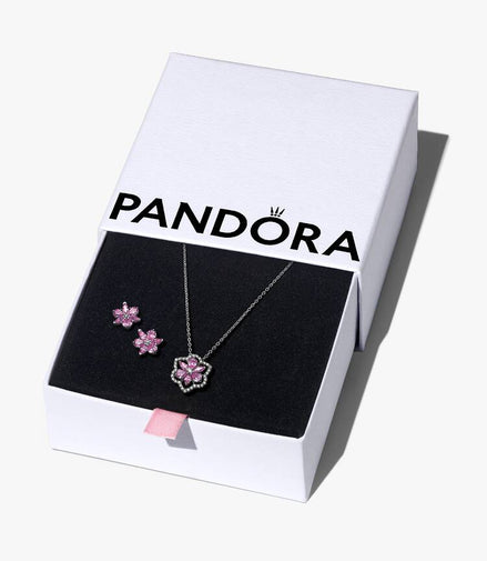 Pandora Timeless Silver Hebarium Sparkling Pink Flower Jewelry Gift Set