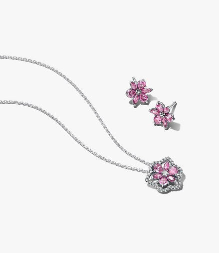 Pandora Timeless Silver Hebarium Sparkling Pink Flower Jewelry Gift Set