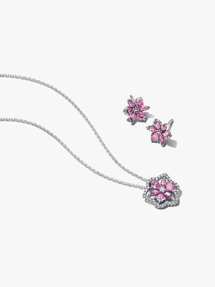 Pandora Timeless Silver Hebarium Sparkling Pink Flower Jewelry Gift Set