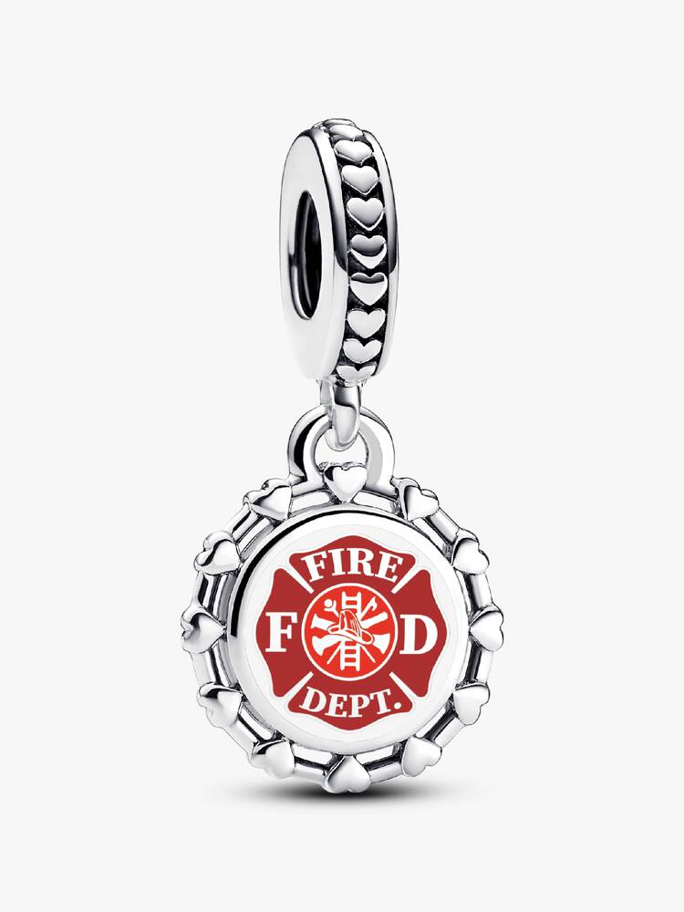 Pandora Moments Silver Engravable Firefighter Red Badge Dangle Charm