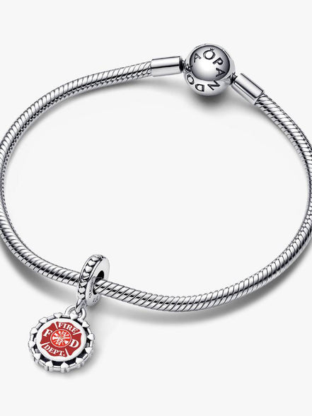 Pandora Moments Silver Engravable Firefighter Red Badge Dangle Charm
