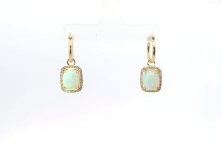 14K Yellow Gold Opal And Diamond Cabochon Drop Dangle Earrings
