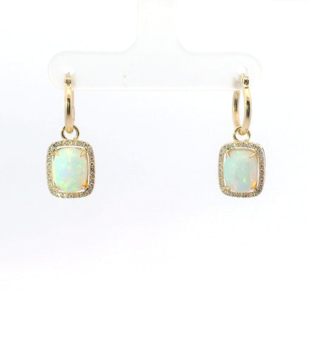 14K Yellow Gold Opal And Diamond Cabochon Drop Dangle Earrings